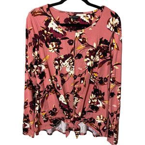 New Directions Large Pullover Top Pink Floral Front Tie Hi-Lo Long Sleeve